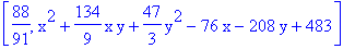 [88/91, x^2+134/9*x*y+47/3*y^2-76*x-208*y+483]